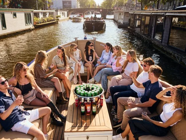 Groep vrienden die wat drinken en gezellig kletsen op een boot